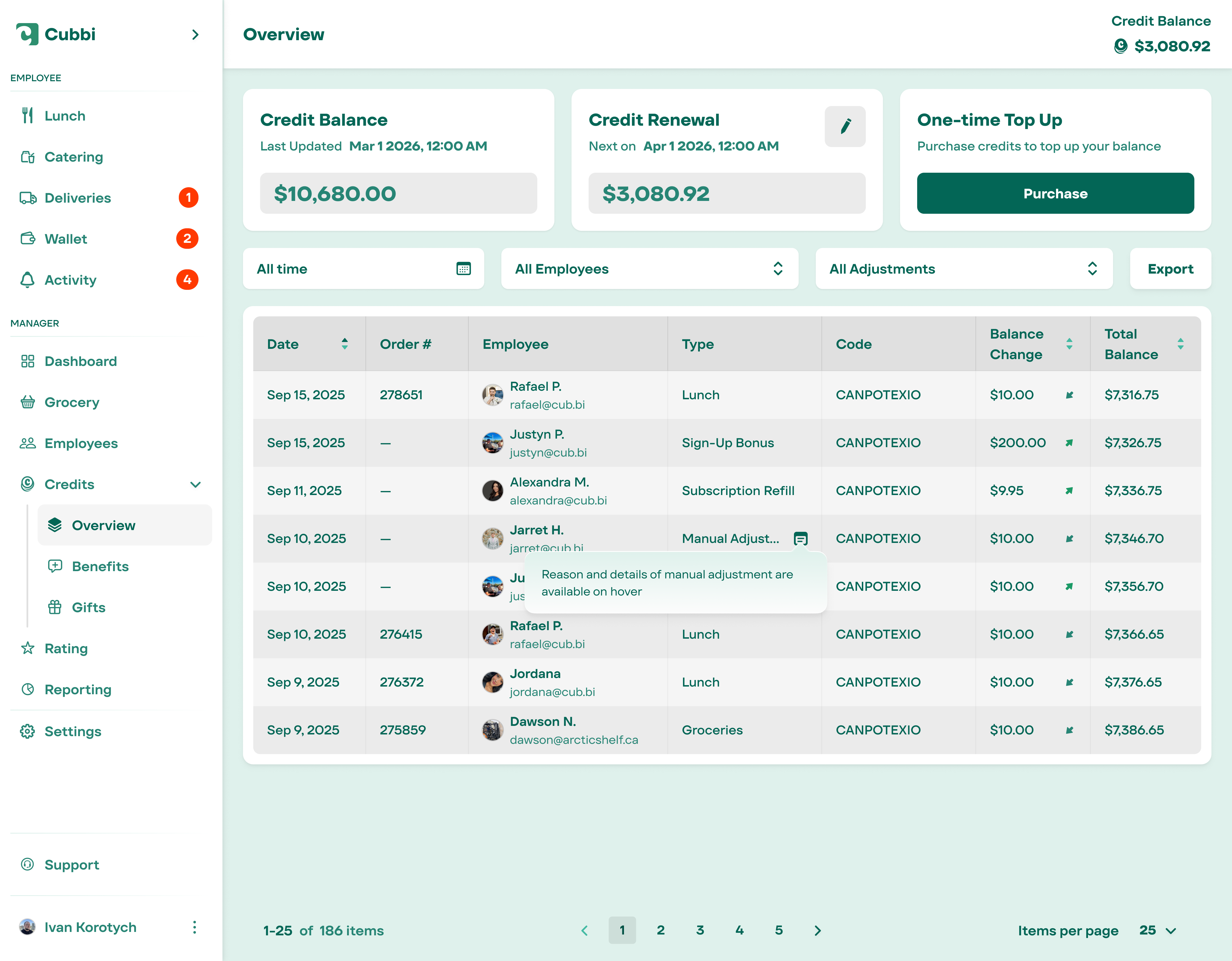 Credits overview dashboard