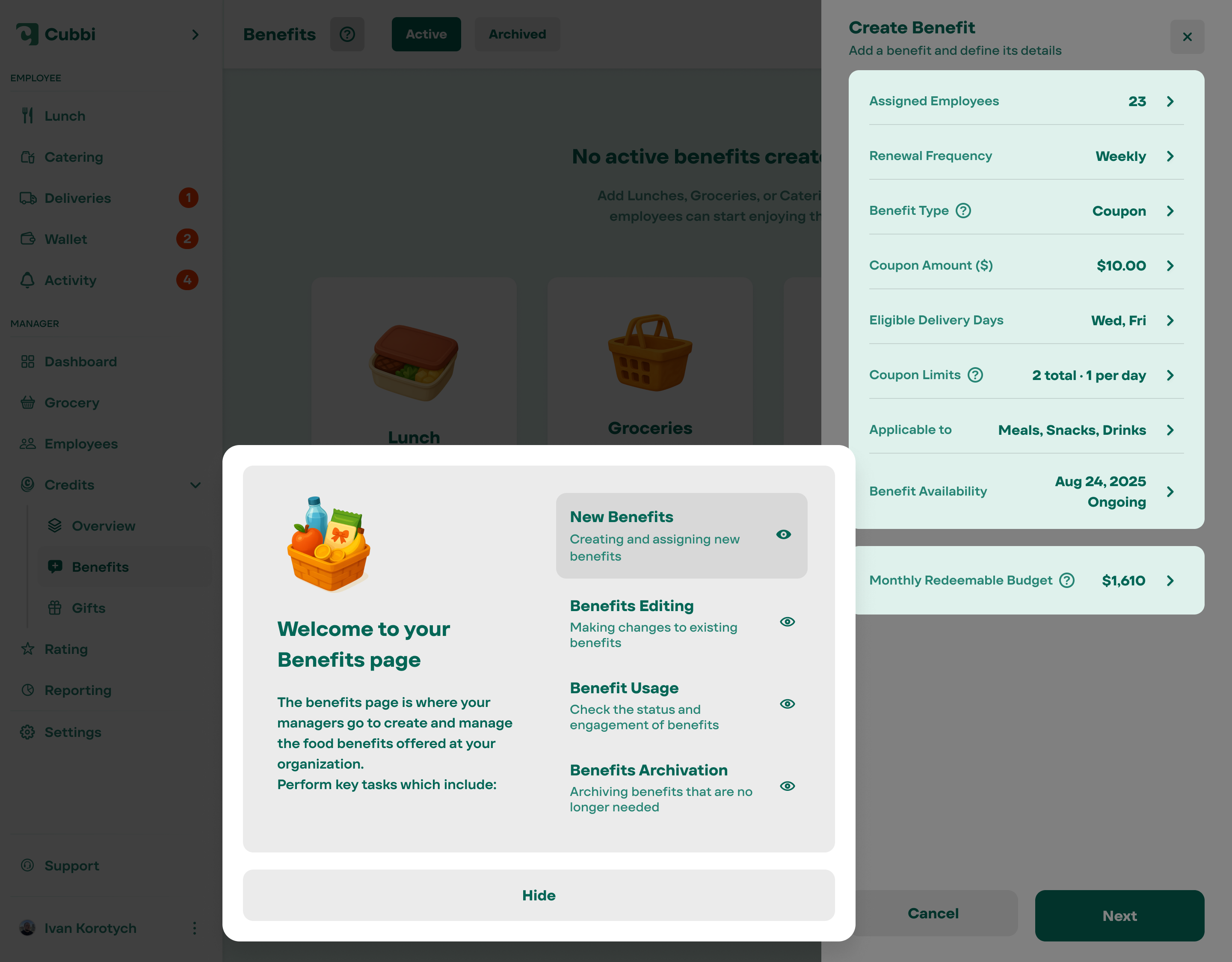Benefits page — create benefit drawer