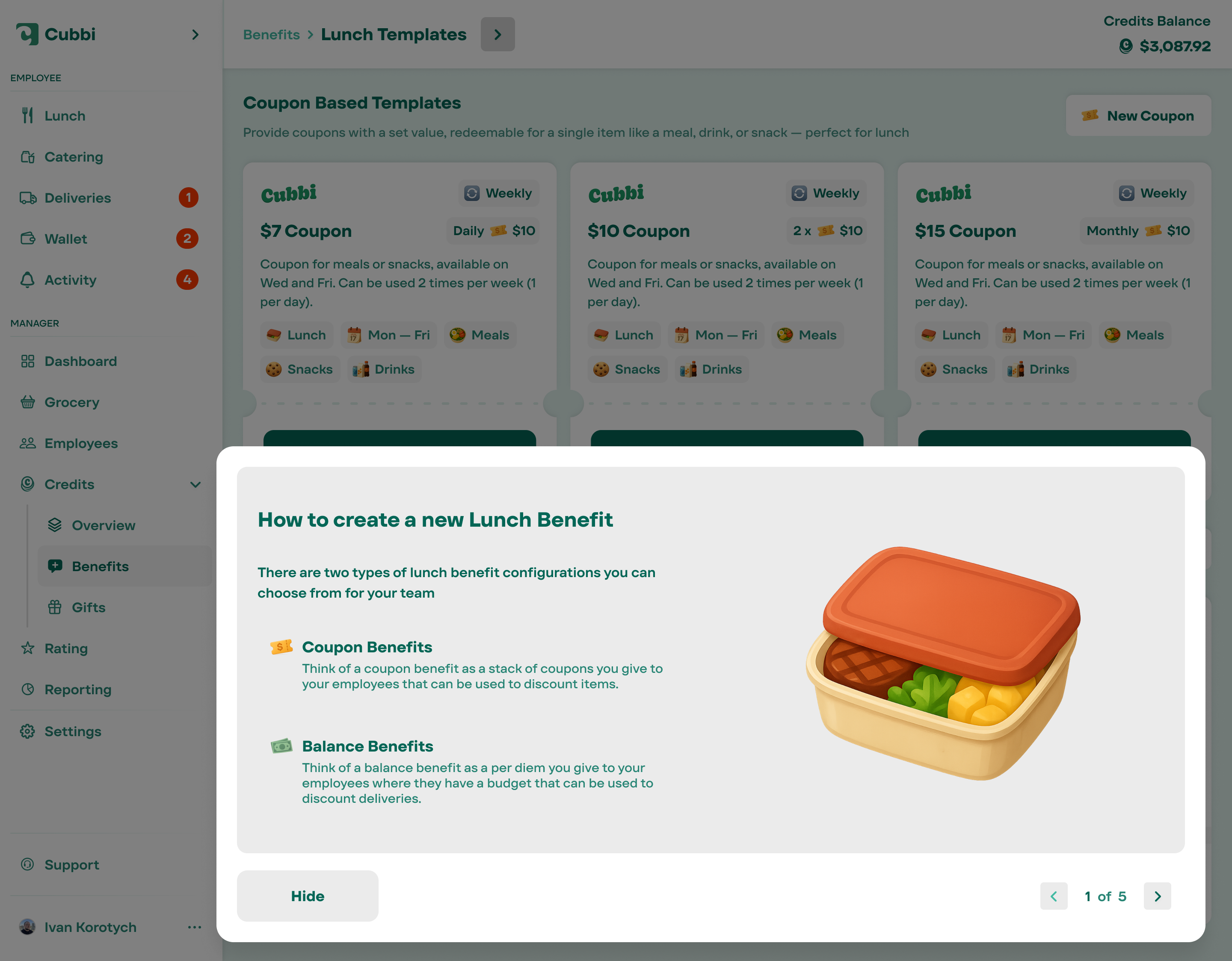 Lunch Templates — benefit type selection