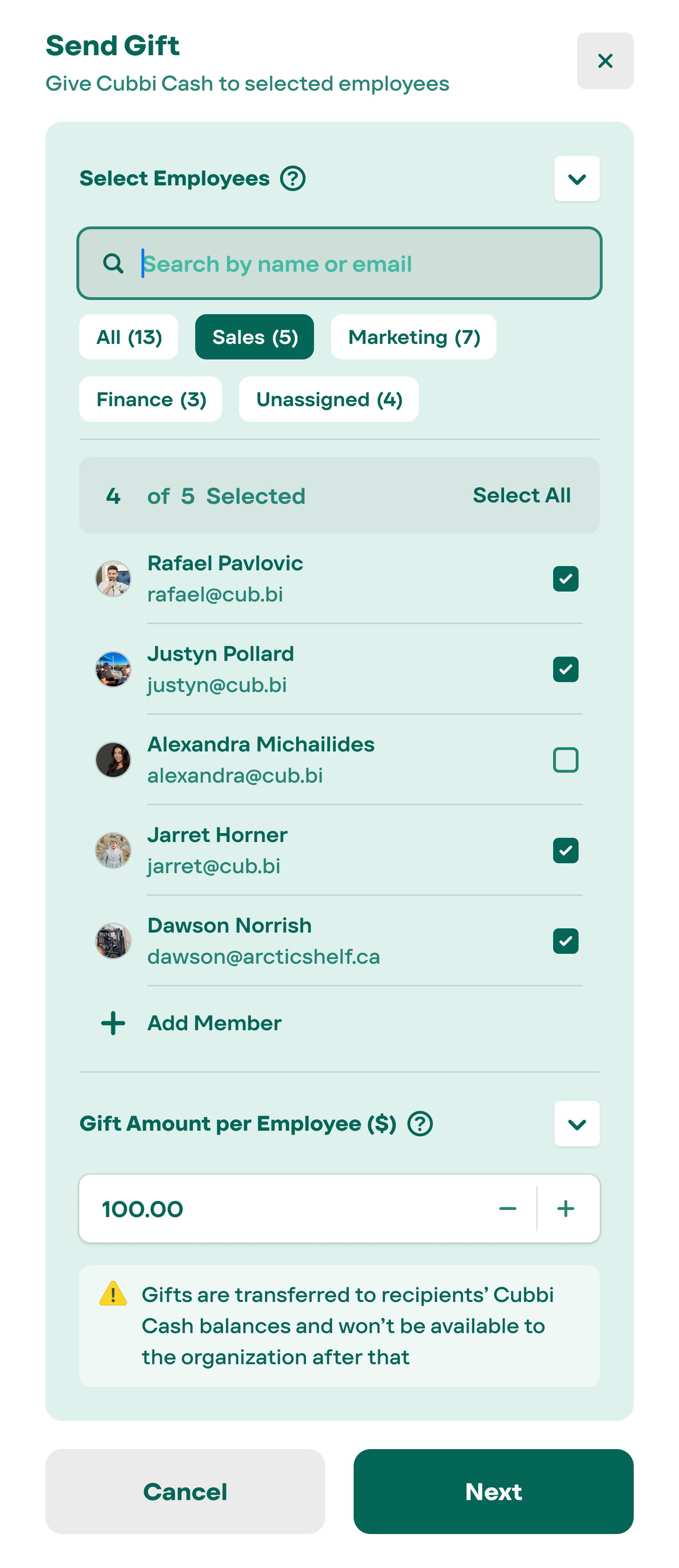 Send Gift — step 1: select employees and amount