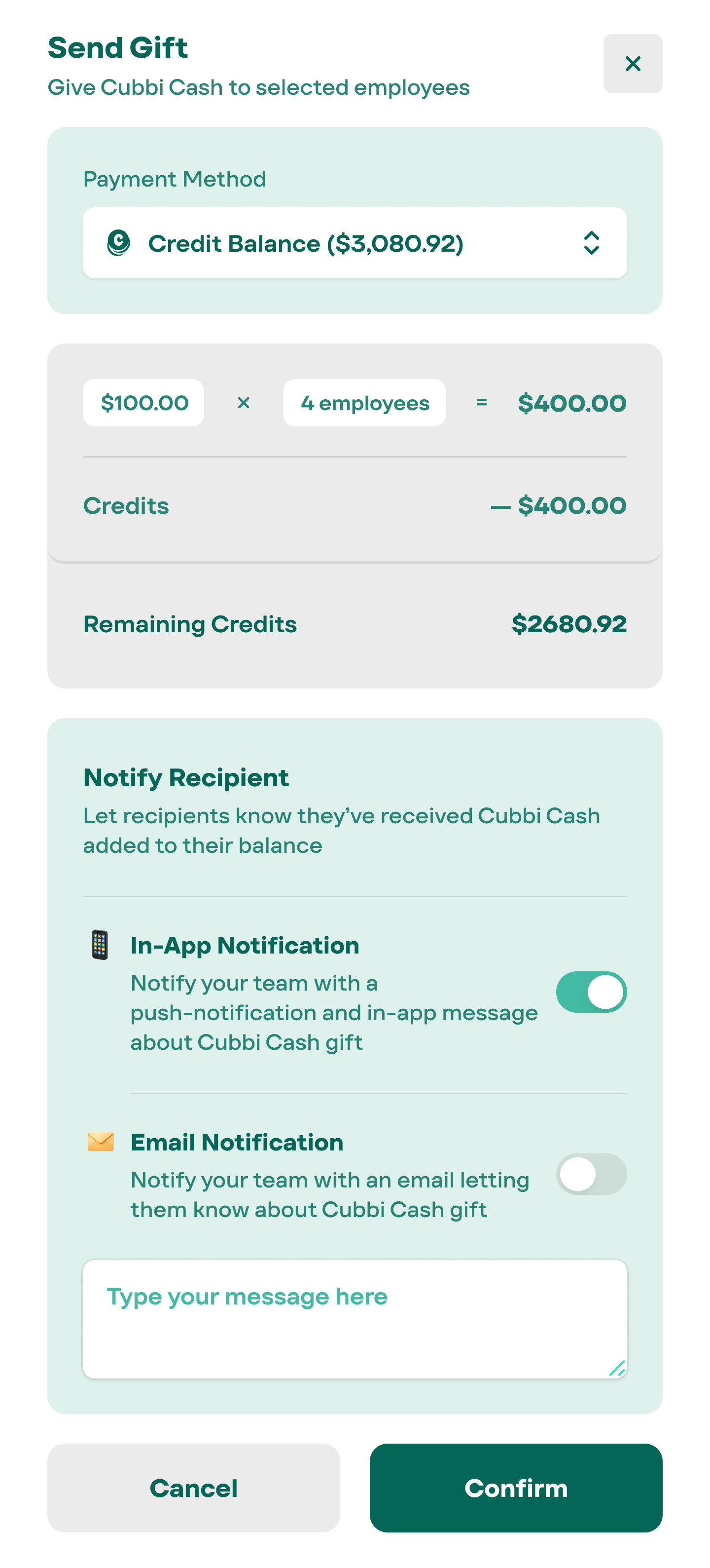 Send Gift — step 2: confirm and notify