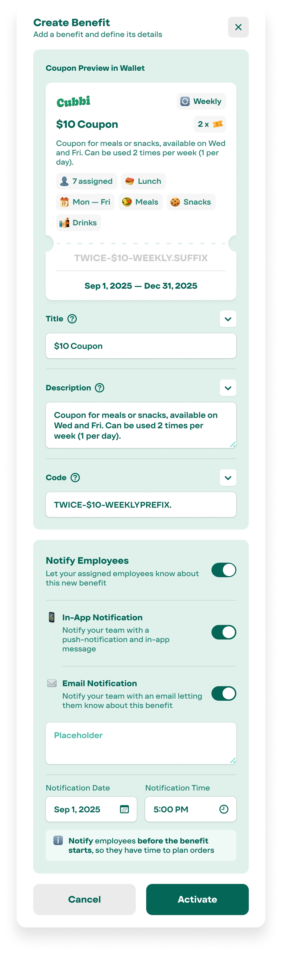 Benefit creation — Step 2 with preview
