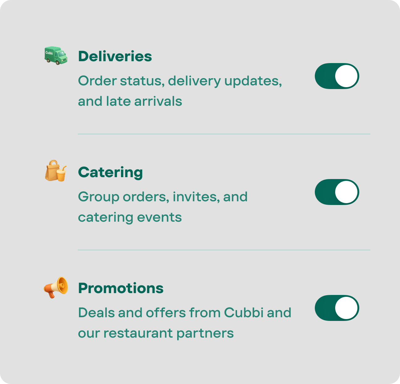 Notification categories — deliveries, catering and promotions, each with its own switch
