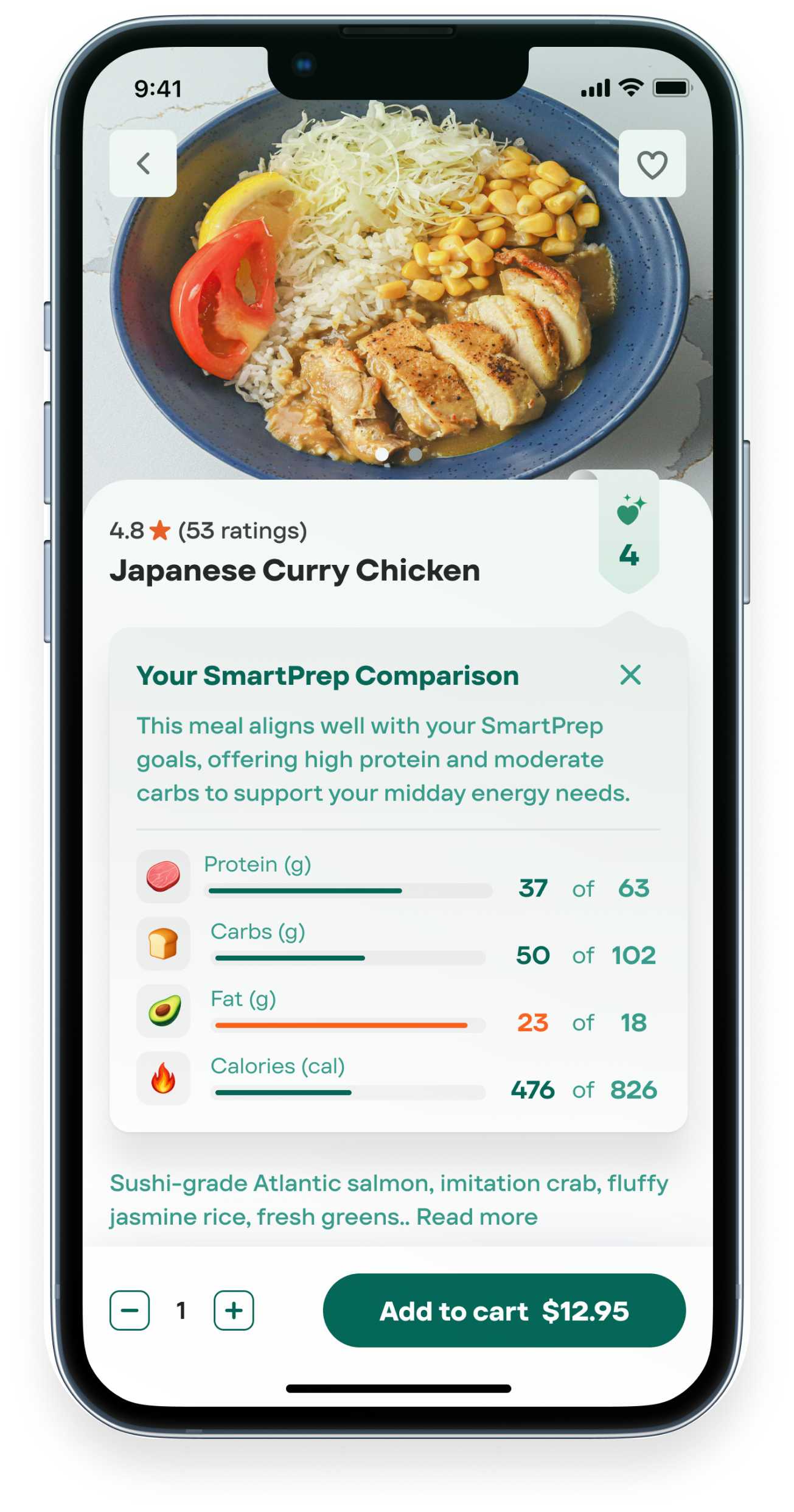 Animated comparison chart on meal cards