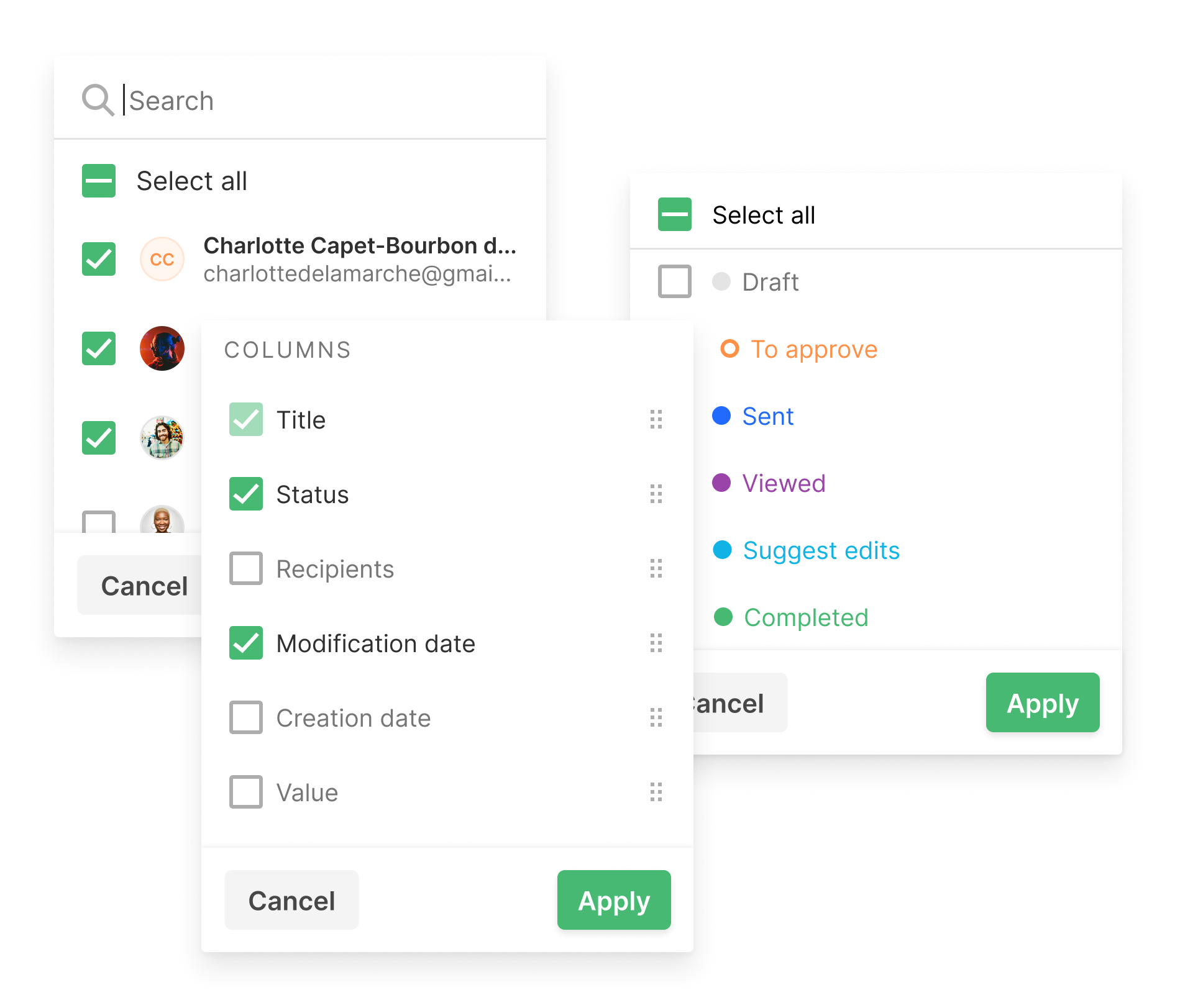 Repository controls — recipient and status multi-select, and the table column picker